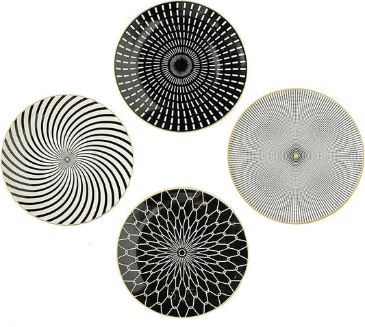 8 Inch Set of 4 Assorted Designs, Porcelain Plates With Patterns,Black Ceramic Dessert Plates, Dishware with Golden Rim for Sandwiches Salad Pasta, Microwave Oven Dishwasher Safe (A)