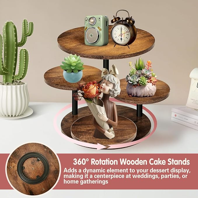 4 Tier Cupcake Tower Stands for 50 Cupcakes,360° Rotatable Round Cup Cake Stand with Tiered Tray,Farmhouse Wooden Dessert Table Display Stands for Wedding Birthday Baby Shower Tea Party
