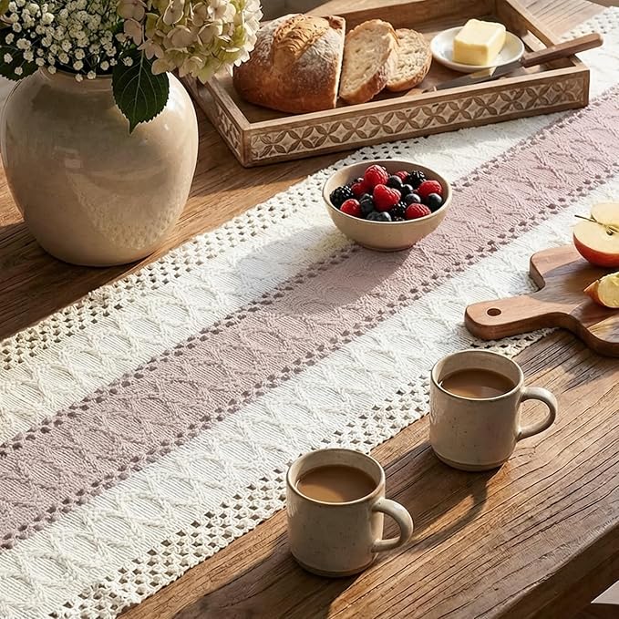 Artoid Mode Pink Farmhouse Rustic Table Runner, Seasonal Holiday Hollow Kitchen Dining Table Decoration for Home Party Decor 12x90 Inch