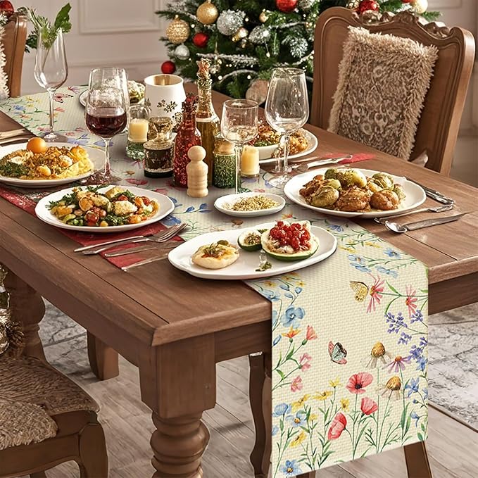 Retro Butterfly Flowers Table Runner Seasonal Spring Kitchen Dining Linen Table Decoration for Indoor Outdoor Home Party Decor 13 x 72 Inch