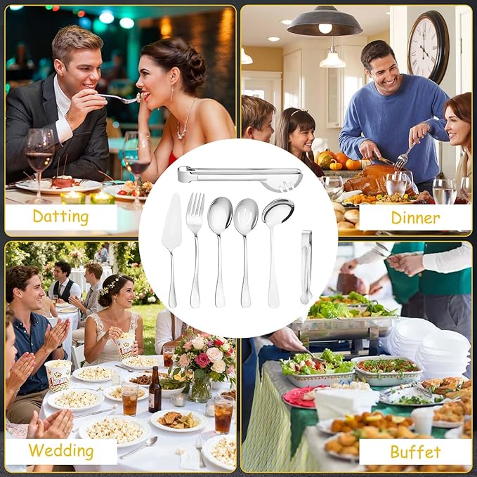12 Pcs Silver Serving Utensils Set Include Stainless Steel Large Serving Spoons Slotted Spoons Forks Soup Ladle Pie Server - Metal Utensils for Parties Buffet Catering, Dishwasher Safe