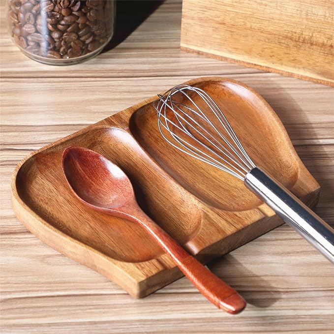 Large Acacia Wood Spoon Rest, Double Wooden Spoon Holder With Non Slip Silicone Feet, Handmade Kitchen Rest for Kitchen Countertop (Brown)