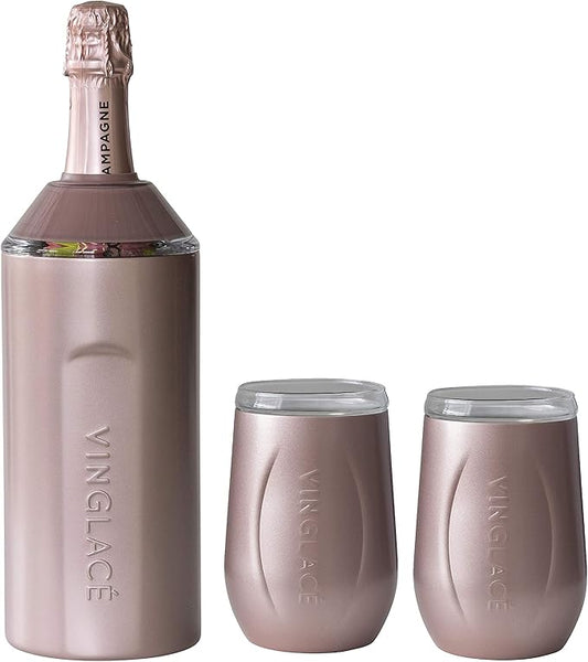 Vinglacé Wine Bottle Chiller Gift Set- Portable Stainless Steel Wine Cooler with 2 Stemless Wine Glasses, Rose Gold