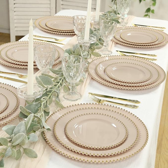 8" Salad Plates - Set of 10 - Plastic Taupe Round Disposable Dessert Appetizer Plate with Gold Beaded Rim, Ideal for Dinner Party Wedding Bulk Events