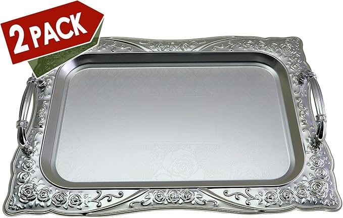(Pack of 2) 14.2 inch x 10.2 inch Rectangular Chrome Serving Tray with Handles Vintage Floral Edge Engraved Decorative Wedding Birthday Buffet Party Wine Plate Platter Base CC-409