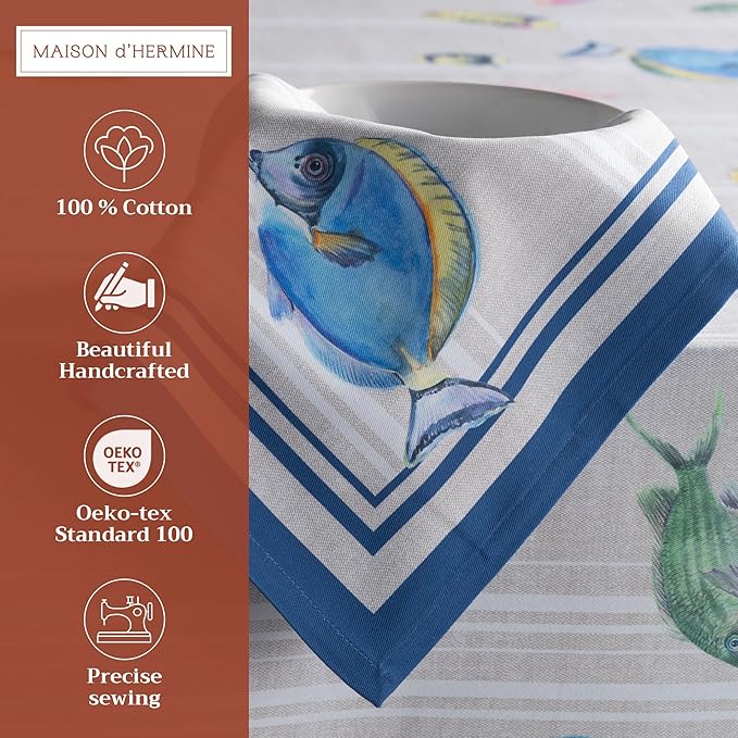 Maison d' Hermine Cloth Napkins Set of 4 100% Cotton Everyday Reusable Square Napkins Cloth Washable, Dinner, Party, Wedding, Restaurant, Spring/Summer (Poisson, 20" x 20")