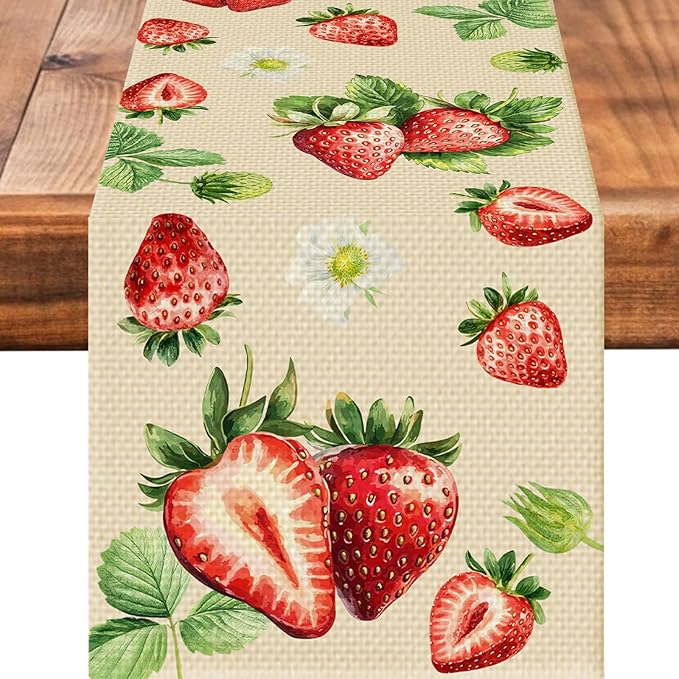 Strawberry Table Runner Seasonal Spring Kitchen Dining Linen Table Decoration for Indoor Outdoor Home Party Decor 13 x 72 Inch