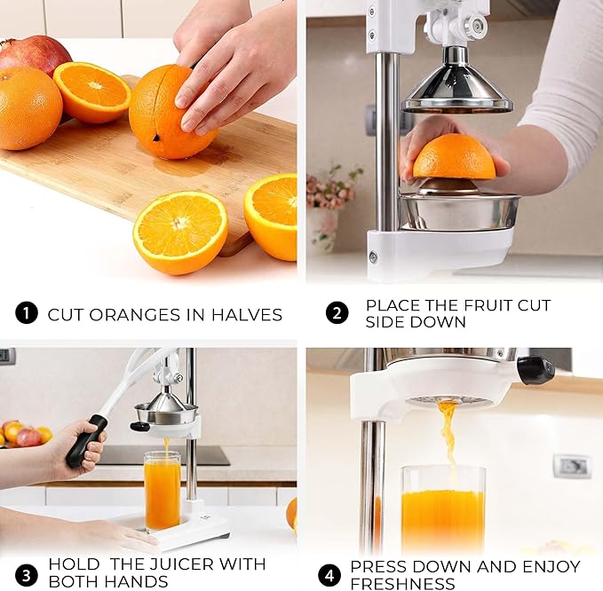 Zulay Kitchen 9 in 1 Cast Iron Juicer - Easy-to-Clean Heavy-Duty Manual Juicer with Presser Attachment to Juice All Types of Fruits! Extra Tall with Stainless Steel Bowl - White