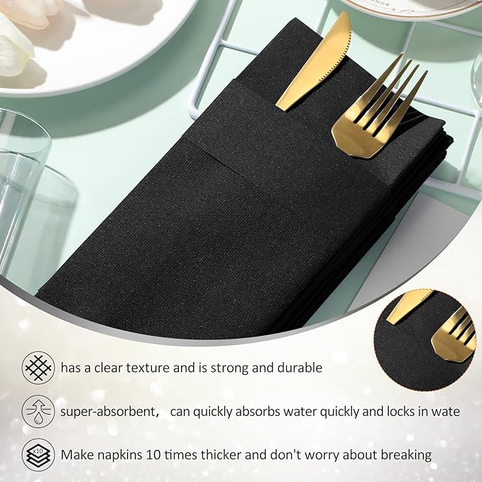 Cindeer 150 Pcs Black Linen Dinner Feel Napkins with Built in Flatware Pocket Prefolded Paper Disposable Airlaid Guest Hand Towel for Silverware Wedding Reception Christmas Baby Shower