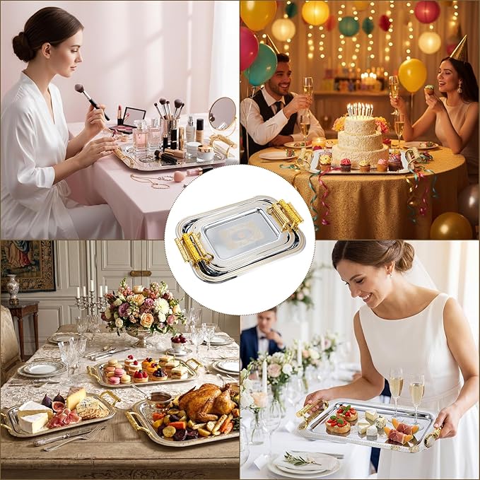 3 Pack Stainless Steel Serving Tray with Gold Handle Silver Metal Plate Platter Coffee Tea Serving Tray Floral Table Platter for Buffet Wedding Party Jewelry(Rectangle)
