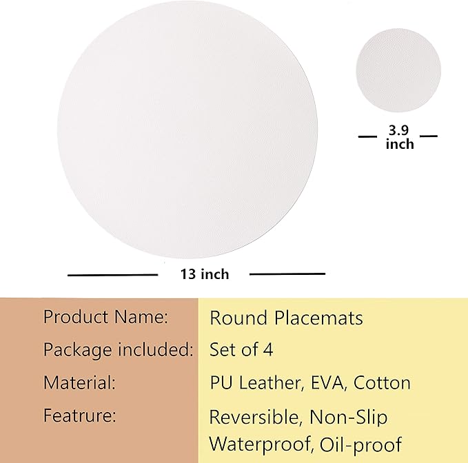 Wipeable Placemats and Coasters Leather Table Mats Waterproof Heat-Resistant Easy to Clean for Dining Table Set Kitchen Table Set of 4, White