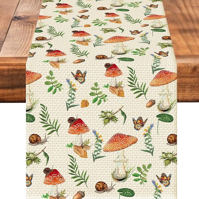 Mushroom Floral Table Runner Seasonal Spring Kitchen Dining Linen Table Decoration for Indoor Outdoor Home Party Decor 13 x 72 Inch