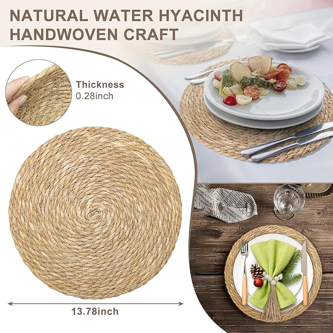 Woven Placemats Set of 8, 13.8" Natural Water Hyacinth Round Rattan Placemats with Wooden Beads Napkin Rings for Kitchen Dining Table Decor