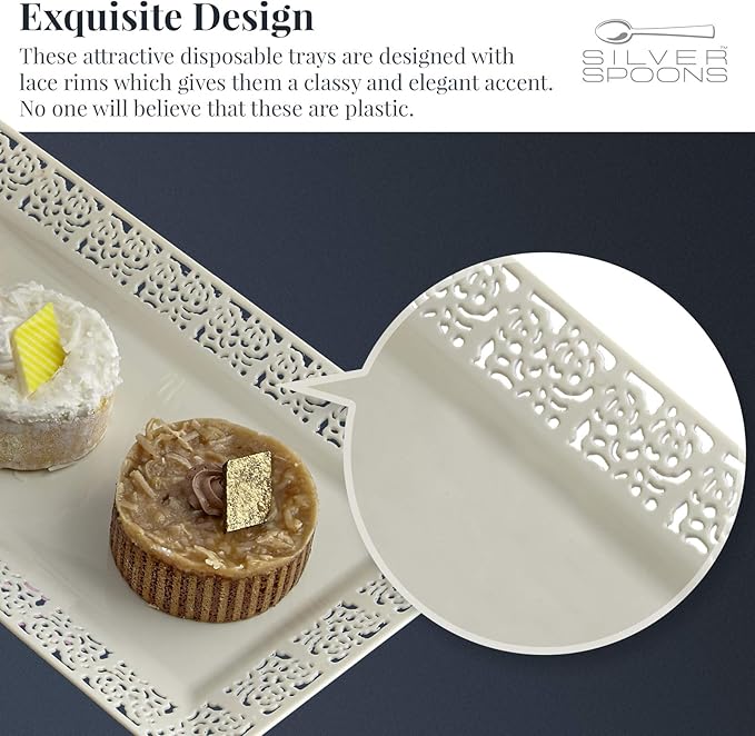 SILVER SPOONS Elegant Lace Plastic Serving Trays (6 PC), Disposable Plastic Trays and Platters for Party - 14” x 7.5”, Serves Snacks, Desserts, Sweets, Perfect for celebrations & events - Ivory