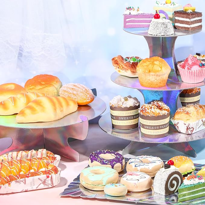 Zopeal 7 Pcs Dessert Table Display Set 3-Tier Cupcake Stand 1-Tier Cup Cake Display Tower Platters and Serving Trays Cardboard Cake Cookie Holders for Wedding Birthday Party Baby Shower(Laser Silver)