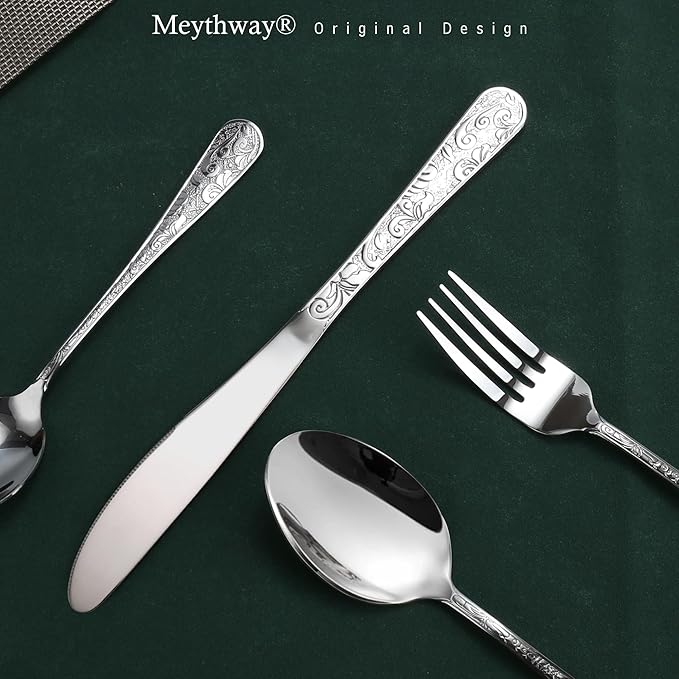 Meythway 40-Piece Vintage Carved Silverware Set for 8, Stainless Steel Flatware Set with Knife/Fork/Spoon, Cutlery Set for Home and Kitchen, Utensil Set with Dishwasher Safe