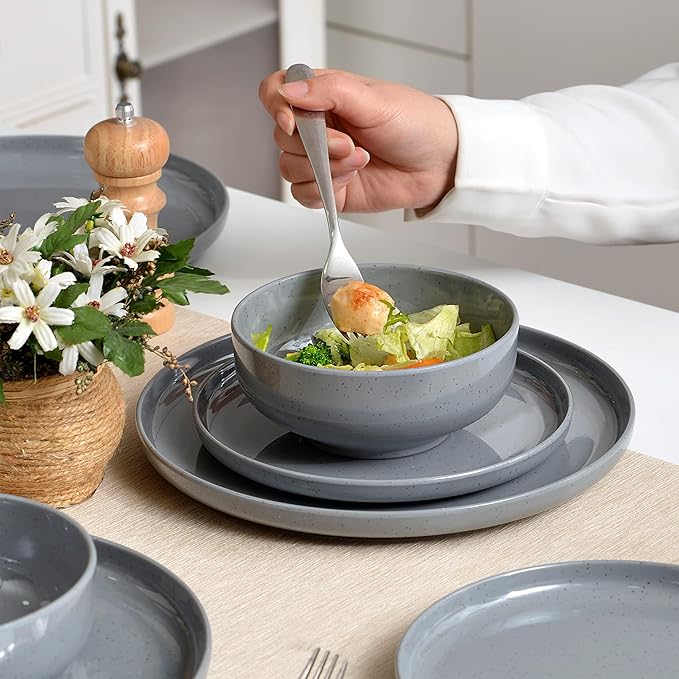 Melamine Dinnerware Sets for 4, 12Pcs Kitchen Plates and Bowls Set, Unbreakable Dishes Set, Dishwasher Safe, Easy Clean, Lightweight for Outdoor Use, Best for RV, Camping (Grey)…