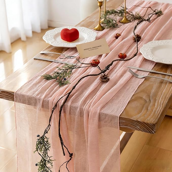 Keketoarrange Pink Valentines Day Decorations Table Runner Cheese Cloth Rustic Gauze Cheesecloth Table Runner 120 Inch 10 FT for Wedding Baby Bridal Shower Sheer Boho Spring Home Tea Party Decor