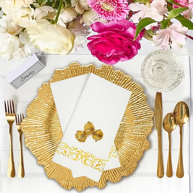 PROY 50 Pcs Gold Charger Plates Bulk, 13" Gold Reef Charger Plates for Wedding, Thanksgiving, Christmas, Plastic Chargers for Dinner Plates