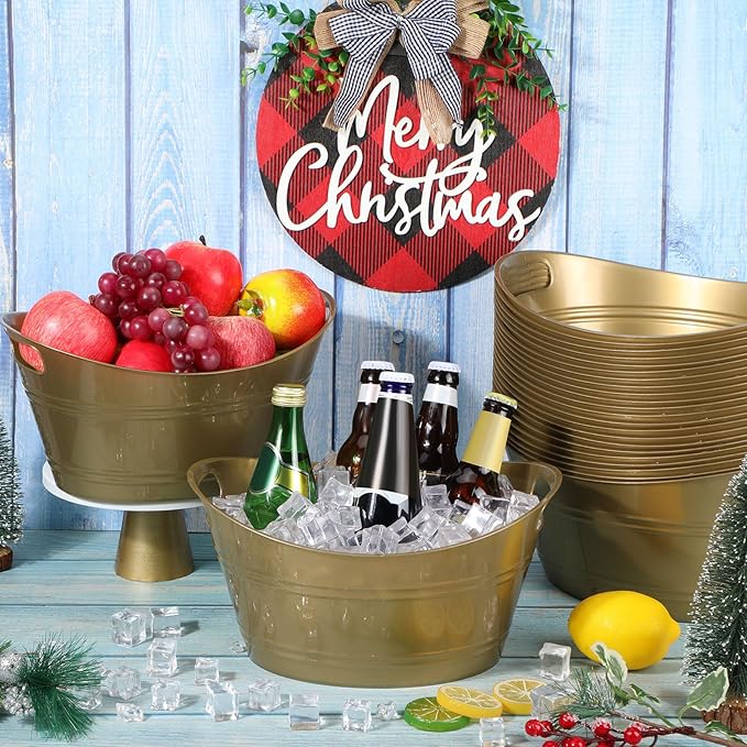 Norme 24 Pcs Oval Storage Tub with Handles 4.5L Plastic Ice Bucket, Wine, Beer, Champagne Drink Cooler for Parties, Beverage Storage Basket(Gold)