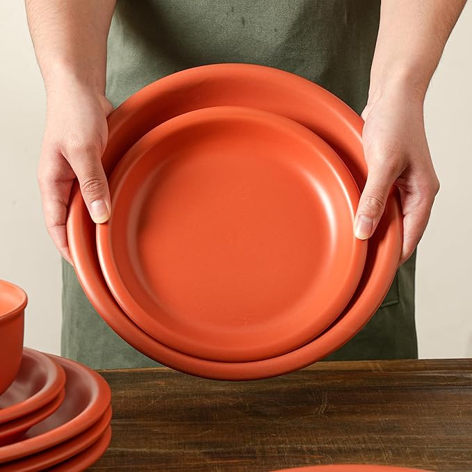 Salad & Dessert Plates, 8 Inch Small Dinner Plates Sets for 4, Dishwasher & Microwave Safe, Porcelain Dinner Dishes for Cake, Fruits, Waffle, Pasta, Salad, Terracotta Red
