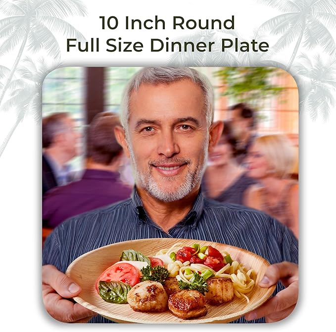 Indie Palm Disposable Palm Leaf Plates – 50 Pack 10 Inch Round – Heavy Duty, 100% Compostable & Biodegradable – Eco-Friendly Alternative to Plastic & Bamboo (50, 10 inches)