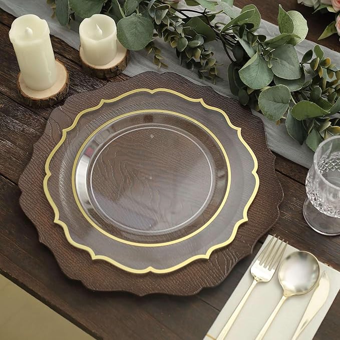 Efavormart 12-Pack Acrylic Charger Plates 13" Round Rustic Brown with Wood Grain Scalloped Rim - Dinner Charger Tableware
