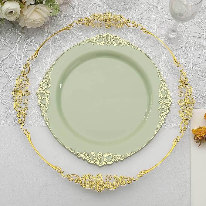 10" Dinner Plates -Set of 10 - Plastic Sage Green Round Baroque Disposable Chargers Leaf Embossed Rim, Ideal for Dinner Party Wedding Bulk Events
