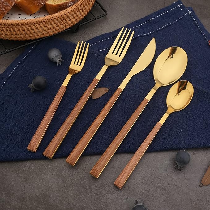 Korean Style Wood Flatware Stainless Steel Fork/Spoon/Knife/Teaspoon with Wooden Square Handle Cutlery Set of 4 Dinnerware for Home, Kitchen, Restaurant, Gift - Gold
