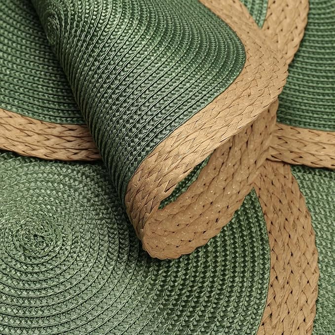 Noctiflorous Round Placemats Set of 6, 15 Inch Braided Hand Woven Table Mats, Heat Resistant Non-Slip Wipeable Wide Edge Place Mats for Kitchen Dining Indoor Outdoor Use(Green, 6)