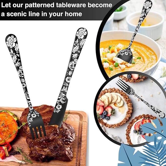Vilihkc 20-Piece Peony Flower Pattern Design Silverware Set, Stainless Steel Flatware Set for 4, Black Cutlery, Mirror Polished Utensils, Dishwasher Safe