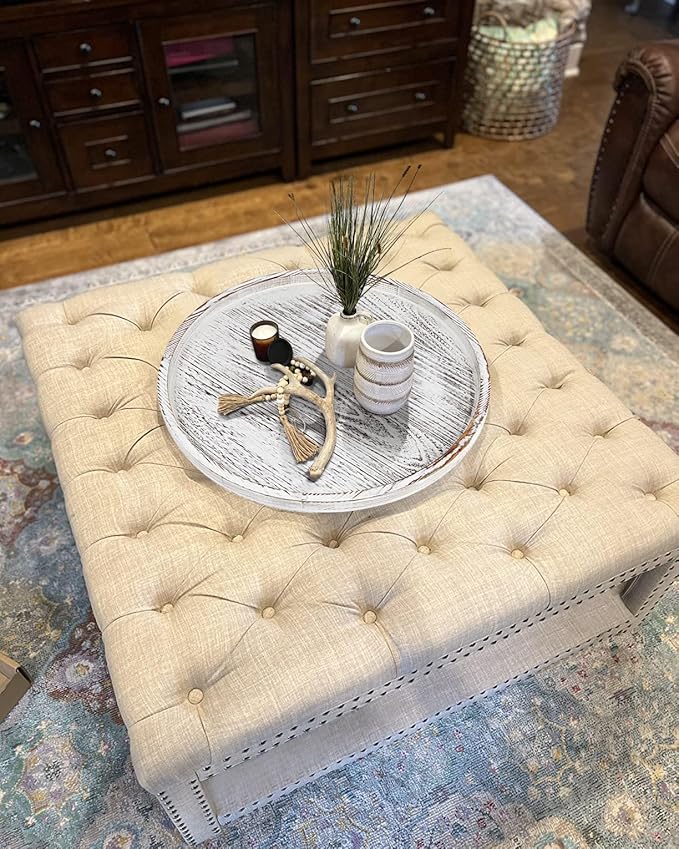 Extra Large Round Ottoman Table Tray 20" - Rustic Wooden Serving Tray for Farmhouse Decorative Oversized Coffee Table Trays Living Room Kitchen Counter Breakfast White