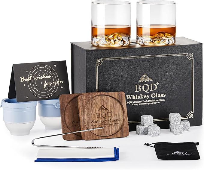 BQD Old Fashioned Whiskey Glasses Set 2-Pack with Gift Box, Ideal Retirement Gifts for Men & Cocktail Glasses for Celebrations