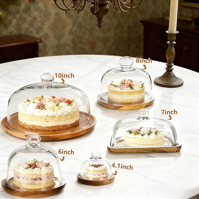 10 Inch Wooden Base Cake Display Stand with Glass Dome,Cloche Clear Glass Bell Jar Cover for Dessert Cheese Candy Plants Succulents