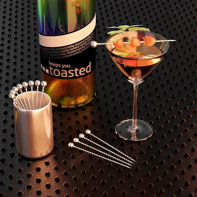 Metal Cocktail Picks 12Pack+Holder Kit, 304 Stainless Steel Toothpicks, Reusable Cocktail Skewers, Garnish Picks Bloody Mary Skewers, Martini Picks for Olives Appetizers Fruit (Thread Silvery)