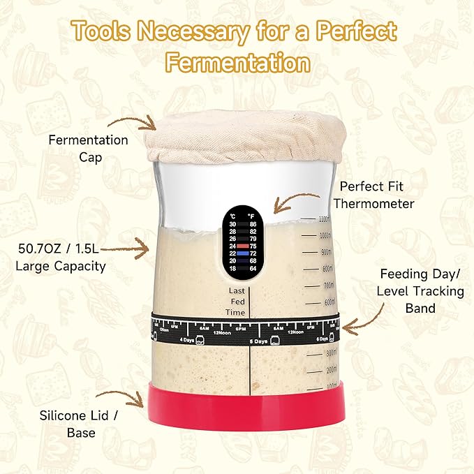 Pro Sourdough Starter Kit- 50oz Large Capacity Sourdough Starter Jar, 17 Flavorful Fermentation Recipes, Sourdough Bread Baking Supplies for Making Delicious Sourdough Breads(Red, 1Set)
