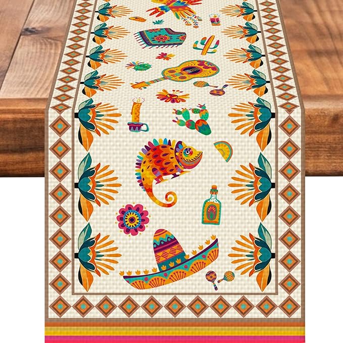 Mexican Fifth of May Table Runner Seasonal Holiday Kitchen Dining Linen Table Decoration for Indoor Outdoor Home Party Decor 13 x 72 Inch