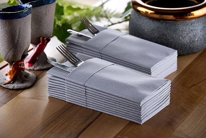 Silver Dinner Napkins Cloth Like with Built-in Flatware Pocket, Linen-Feel Absorbent Disposable Paper Hand Napkins for Kitchen, Bathroom, Parties, Weddings, Dinners or Events, Pack of 50