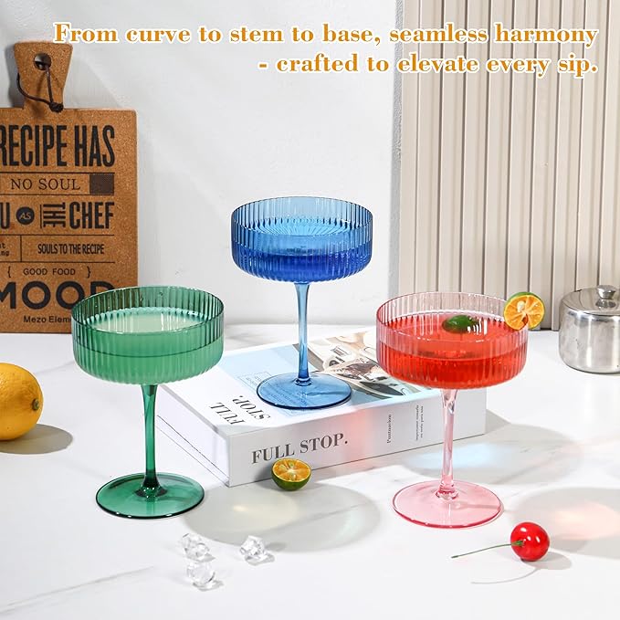 FERAHI 6 Pcs Ribbed Coupe Glasses, 10 oz Vintage Martini Glasses Set, Cute Espresso Martini Glass & Champagne Coupe Glass, Elegant Bar Glassware for Cocktails, Wine, Outdoor Entertaining & Gifts