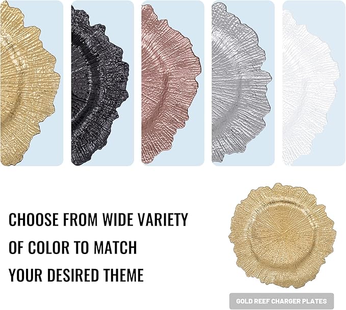 MAONAME 13" Gold Charger Plates Set of 8, Round Reef Chargers for Dinner Plates, Plastic Plate Chargers for Table Setting, Wedding Decor