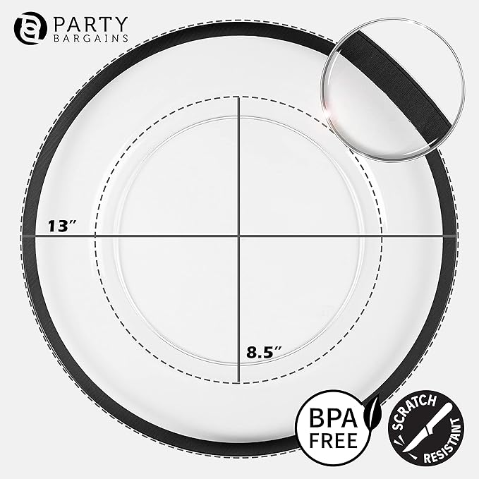 PARTY BARGAINS 13-Inch Charger Plates - 8 Pack, Clear Black Rim, Heavy-Duty Disposable Chargers for Elegant Dining - Ideal for Weddings and Formal Events