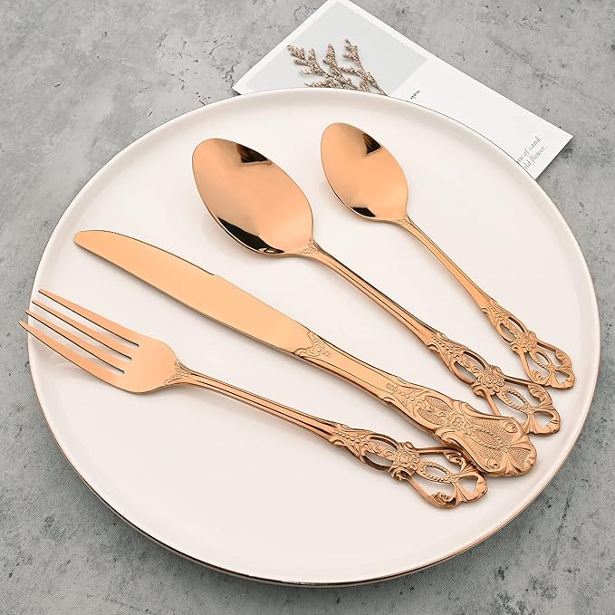 Mirror Polished Copper Silverware Set, 24-Piece 18/10 Stainless Steel Rose Gold Flatware Set Service for 6, Kitchen Utensil Set, Tableware Cutlery Set for Home and Restaurant Dishwasher Safe