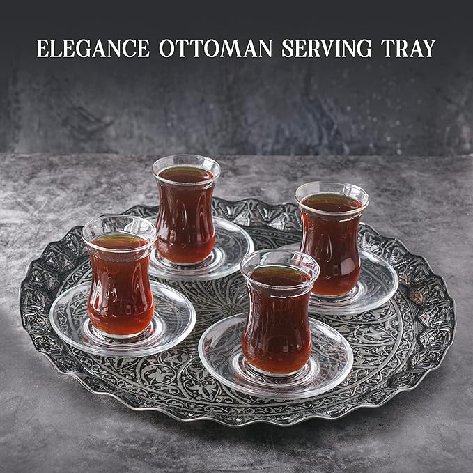 Coffee Tea Beverage Serving Tray, Vintage and Fancy Round Design (Antique Silver)