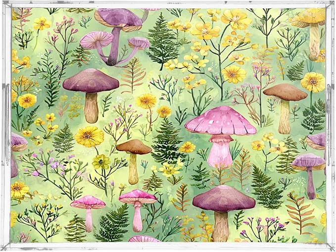 Serving Tray with Handles Clear Acrylic Tray 12x16 Inch Decorative Rectangular Tray Organizer for Ottoman Coffee Table Bathroom Watercolor Mushrooms Green