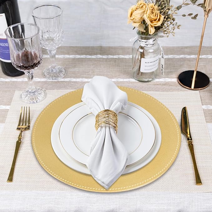 MAONAME 13" Gold Charger Plates Set of 6, Round Charger for Dinner Plates, Plate Chargers with Beaded Rim, Plastic Table Chargers for Wedding, Party