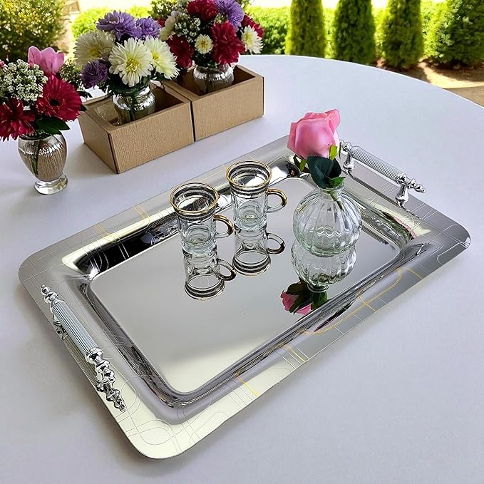 (Pack of 2) 18.5 inch x 13 inch Oval Chrome Plated Silver Serving Tray Stylish Design Iron Gold Floral Engraved Edge in Party Decor Birthday Gift Platter Plate NC-114