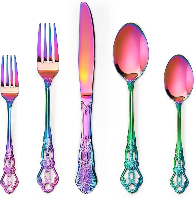 Silverware Set, 30 Pieces Retro Royal Silverware Set for 6, Baroque-style Stainless Steel Flatware Set Including Fork Spoon and Knife, Dishwasher Safe, Rainbow