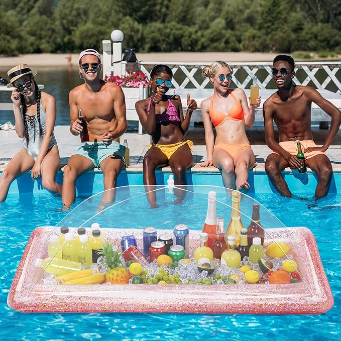 8 Pcs Glitter Inflatable Serving Bar Kit Includes 2 Salad Buffet Tray with Drain Plug 5 Mesh Food Cover 1 Inflator Inflatable Food Drink Containers for Outdoors Pool Party Camping(Rose Gold)