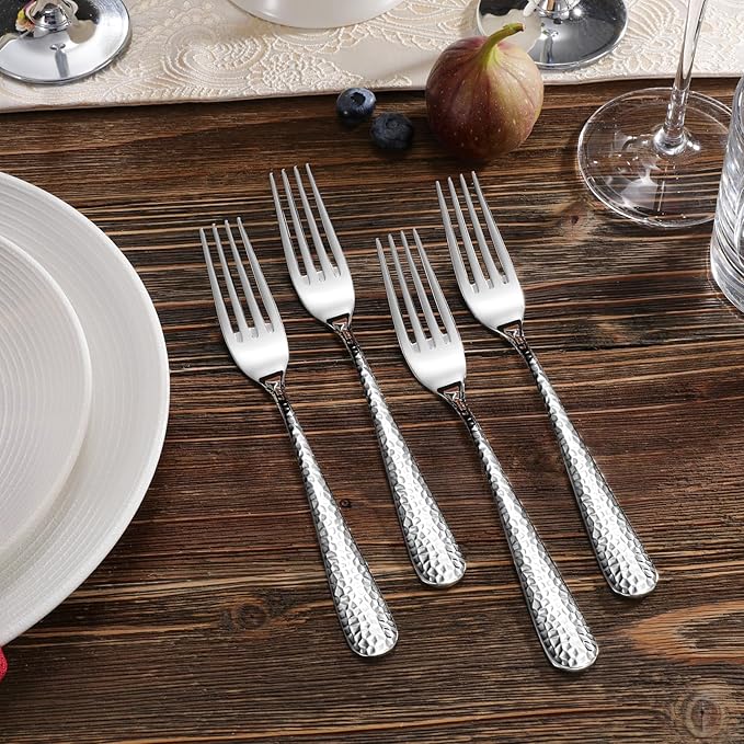 KEAWELL Premium 8-Piece Louise Hammered Fork Set, 18/10 Stainless Steel, Fine Fork Set with Round Edge, Brightly-Mirror polished, Dishwasher Safe. (8, 8" Dinner Forks)