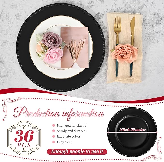 36 Pcs Black Charger Plates Round Charger Plates13 Inch Bulk Wedding Dinner Elegant Reusable Plastic Chargers Plates Wedding Holiday Party Baby Shower Event Decoration (Black)